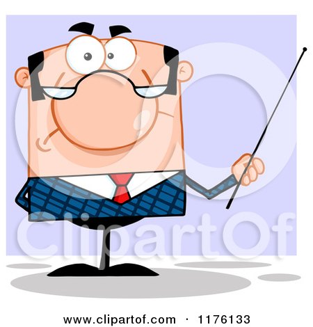 Cartoon of a Grumpy White Businessman Holding a Pointer Stick, over Purple - Royalty Free Vector Clipart by Hit Toon