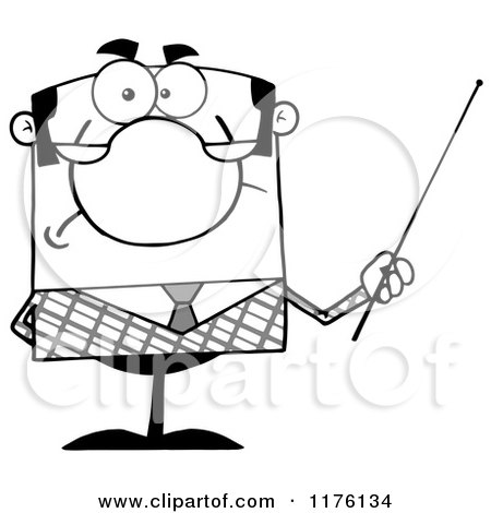 Cartoon of a Grumpy Black and White Businessman Holding a Pointer Stick - Royalty Free Vector Clipart by Hit Toon
