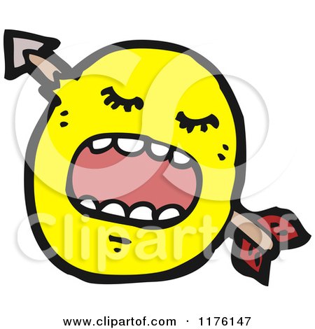 Cartoon of a Yellow Emoticon with an Arrow Through It's Head - Royalty Free Vector Illustration by lineartestpilot