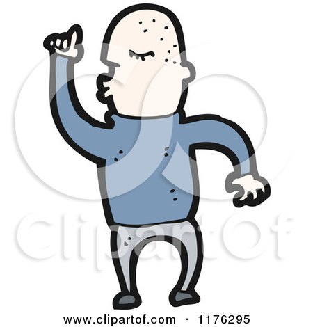 Cartoon of a Bald Man Pointing While Wearing a Blue Sweater - Royalty Free Vector Illustration by lineartestpilot
