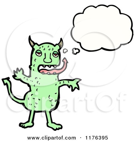 Cartoon of a Green Monster Horned with a Conversation Bubble - Royalty Free Vector Illustration by lineartestpilot