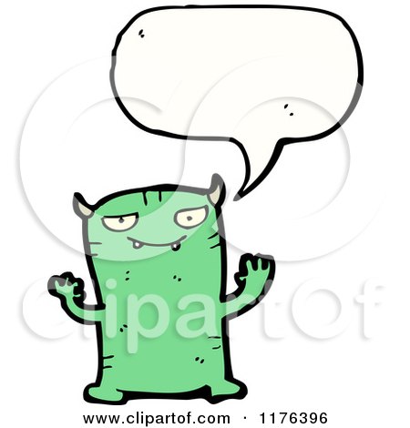 Cartoon of a Green Monster Horned with a Conversation Bubble - Royalty Free Vector Illustration by lineartestpilot