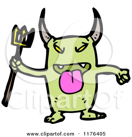 Cartoon of a Green Horned Monster with a Pitchfork - Royalty Free Vector Illustration by lineartestpilot