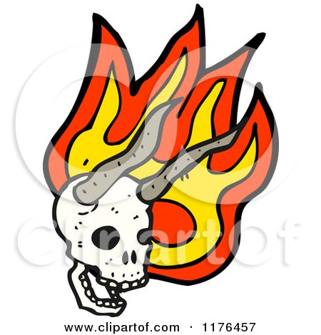 Cartoon of a Horned Skull with Flames - Royalty Free Vector Illustration by lineartestpilot