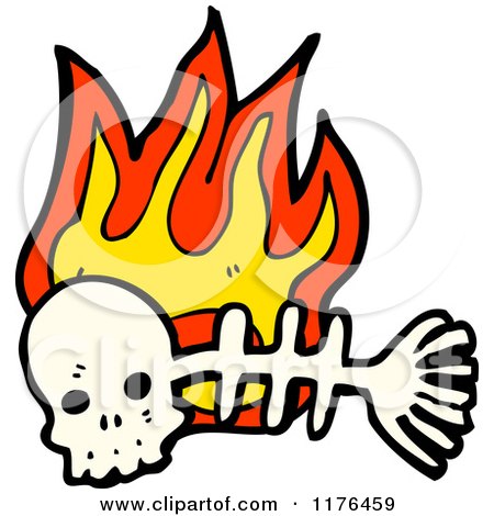 Cartoon of a Skull with Fish Skeleton and Flames - Royalty Free Vector Illustration by lineartestpilot