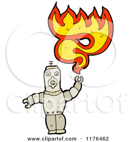Cartoon of a Robot with Flames - Royalty Free Vector Illustration by lineartestpilot