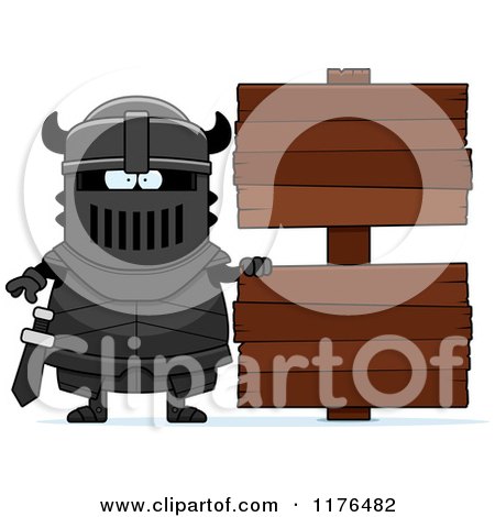 Cartoon of an Armoured Black Knight by Wooden Signs - Royalty Free Vector Clipart by Cory Thoman