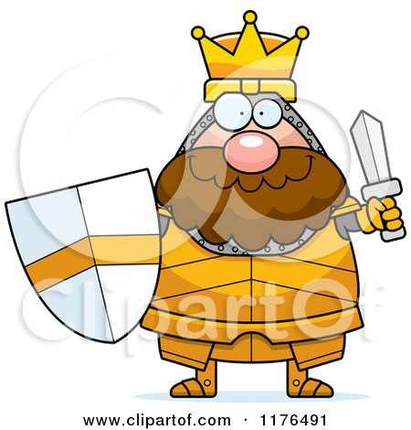 Cartoon of a Happy King Knight Holding a Sword and Shield - Royalty Free Vector Clipart by Cory Thoman