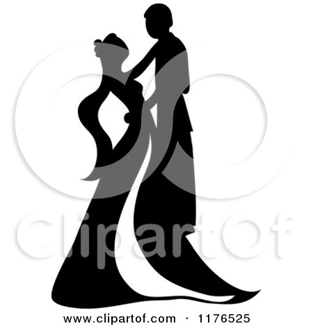 Clipart of a Black and White Silhouetted Wedding Couple Dancing - Royalty Free Vector Illustration by Pams Clipart