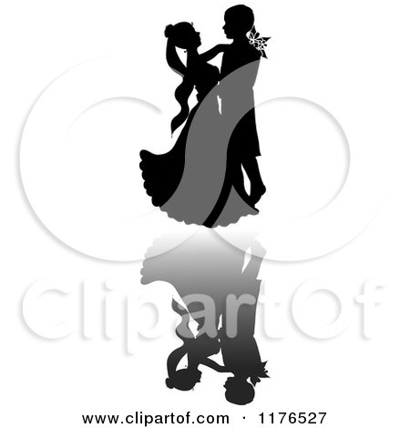Clipart of a Black Silhouetted Wedding Couple Dancing, with a Reflection - Royalty Free Vector Illustration by Pams Clipart