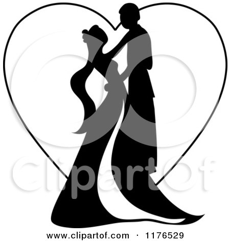 Clipart of a Black Silhouetted Wedding Couple Dancing over a Heart - Royalty Free Vector Illustration by Pams Clipart