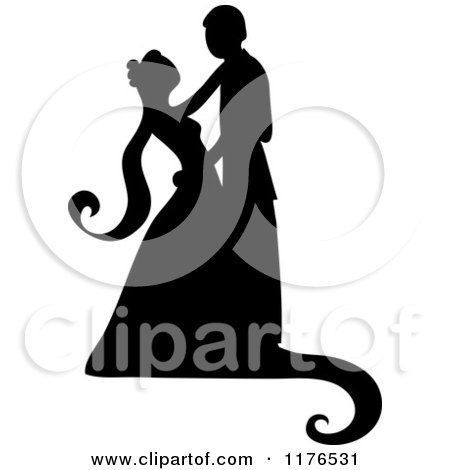 Clipart of a Black Silhouetted Wedding Couple Dancing 3 - Royalty Free Vector Illustration by Pams Clipart