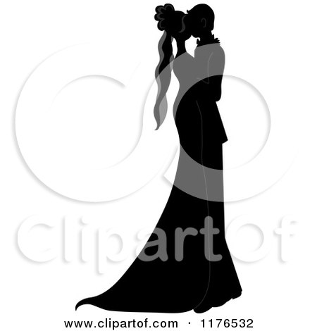 Clipart of a Black and White Silhouetted Wedding Couple Dancing Closely - Royalty Free Vector Illustration by Pams Clipart