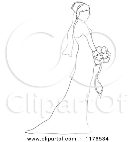 Clipart of a Sketched Bride in Profile, Holding a Wedding Bouquet - Royalty Free Vector Illustration by Pams Clipart