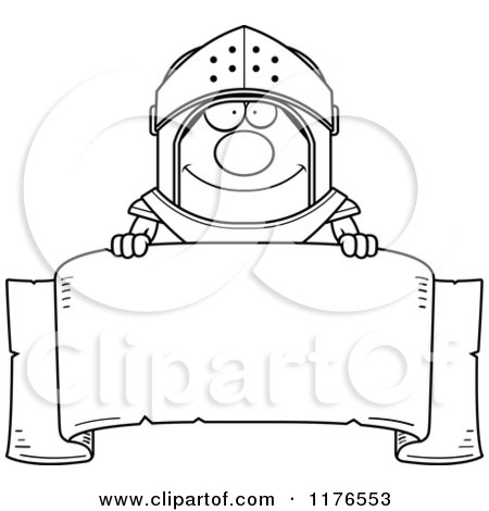 Cartoon of a Black And White Happy Armoured Knight over a Banner| Royalty Free Vector Clipart by Cory Thoman