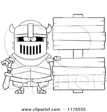 Cartoon of an Armoured Black Knight by Wooden Signs - Royalty Free Vector Clipart by Cory Thoman