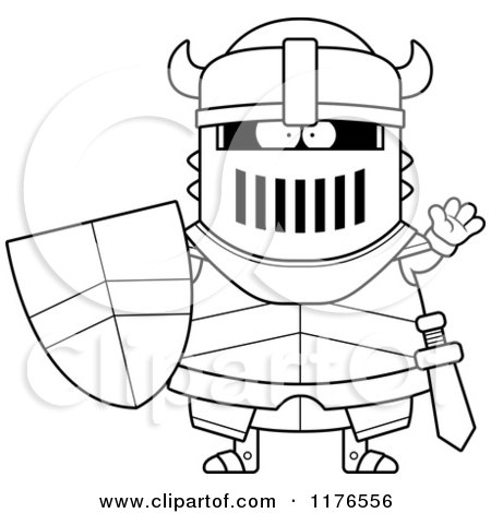 Cartoon of a Black And White Waving Armoured Black Knight - Royalty Free Vector Clipart by Cory Thoman