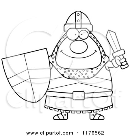 Cartoon of a Black And White Happy Knight Holding a Sword and Shield - Royalty Free Vector Clipart by Cory Thoman