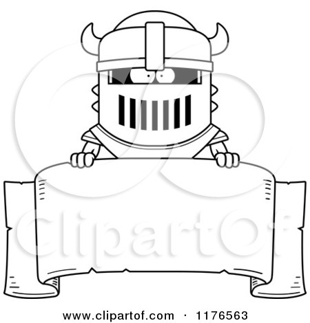 Cartoon of an Armoured Black Knight over a Banner - Royalty Free Vector Clipart by Cory Thoman
