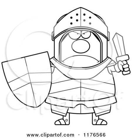 Cartoon of a Black And White Mad Armoured Knight Holding a Sword and Shield - Royalty Free Vector Clipart by Cory Thoman