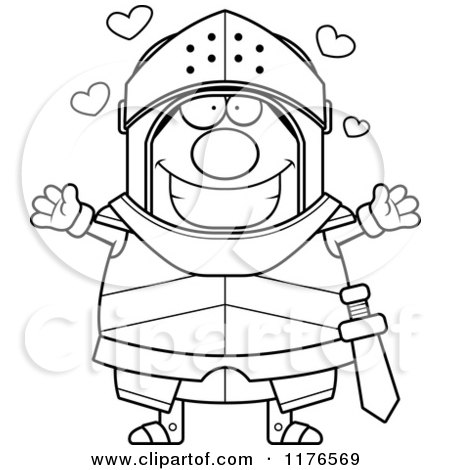 Cartoon of a Black And White Loving Armoured Knight Wanting a Hug - Royalty Free Vector Clipart by Cory Thoman
