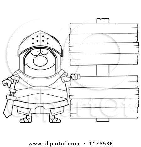 Cartoon of a Black And White Happy Armoured Knight by Wooden Signs - Royalty Free Vector Clipart by Cory Thoman