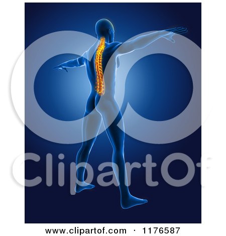 Clipart of a 3d Xray Man with a Glowing Spine, Standing with His Arms out - Royalty Free CGI Illustration by KJ Pargeter