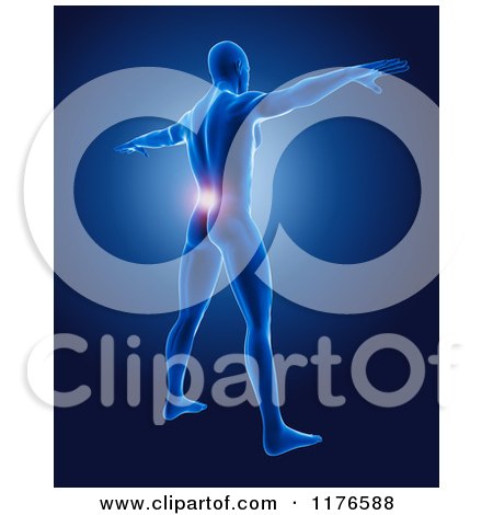 Clipart of a 3d Xray Man with a with Glowing Lower Back Pain, on Blue - Royalty Free CGI Illustration by KJ Pargeter