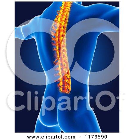 Clipart of a 3d Xray Man with a Glowing Spine on Blue - Royalty Free CGI Illustration by KJ Pargeter