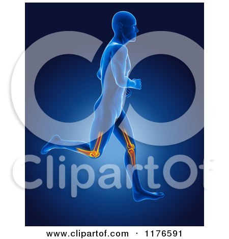 Clipart of a 3d Xray Man Running with Glowing Knee Joints - Royalty Free CGI Illustration by KJ Pargeter