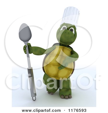 Clipart of a 3d Tortoise Chef Presenting a Spoon - Royalty Free CGI Illustration by KJ Pargeter