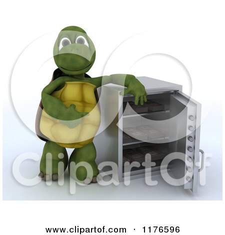 Clipart of a 3d Tortoise Standing by an Open Full Safe - Royalty Free CGI Illustration by KJ Pargeter