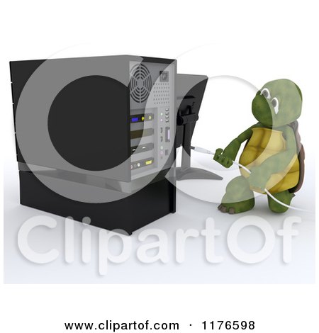 Clipart of a 3d Tortoise Inserting a USB Cable into a Desktop Computer - Royalty Free CGI Illustration by KJ Pargeter