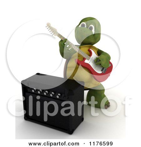 Clipart of a 3d Tortoise Playing an Electric Guitar by an Amp - Royalty Free CGI Illustration by KJ Pargeter