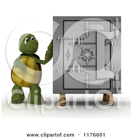 Clipart of a 3d Tortoise Presenting a Safe Vault - Royalty Free CGI Illustration by KJ Pargeter