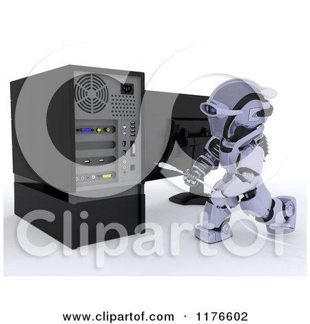 Clipart of a 3d Robot Inserting a USB Cable into a Desktop Computer - Royalty Free CGI Illustration by KJ Pargeter
