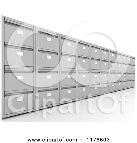 Clipart of a Wall of 3d Metal Office Filing Cabinets - Royalty Free CGI Illustration by KJ Pargeter