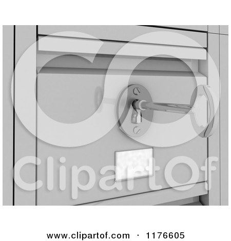 Clipart of a 3d Skeleton Key in the Lock of a Secured Filing Cabinet - Royalty Free CGI Illustration by KJ Pargeter