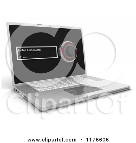 Clipart of a 3d Laptop Computer with a Password Screen and Combination Lock - Royalty Free CGI Illustration by KJ Pargeter