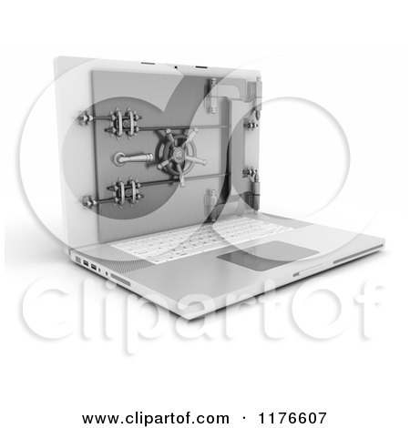 Clipart of a 3d Secure Laptop Computer with a Secured Vault Safe - Royalty Free CGI Illustration by KJ Pargeter