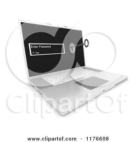 Clipart of a 3d Laptop Computer with a Password Screen and Inserted Key - Royalty Free CGI Illustration by KJ Pargeter