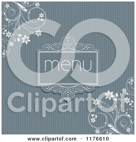 Clipart of a Blue Menu Design with Stripes and White Floral Vines - Royalty Free Vector Illustration by KJ Pargeter