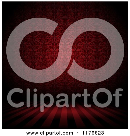 Clipart of a Dark Red Interior with Damask Wallpaper and Striped Floors - Royalty Free Vector Illustration by KJ Pargeter