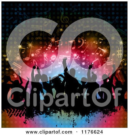Clipart of a Silhouetted Dancing Crowd with Grunge over Colorful Lights and Music Notes - Royalty Free Vector Illustration by KJ Pargeter