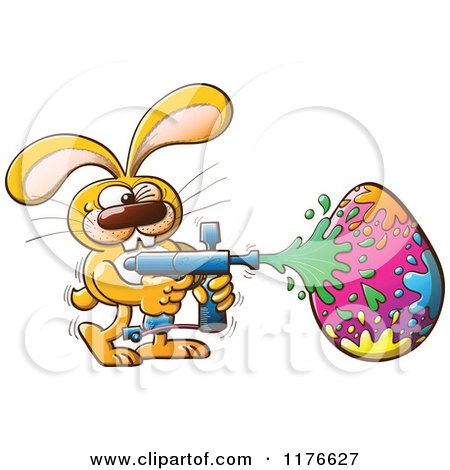Cartoon of a Paintball Easter Bunny Decorating an Egg - Royalty Free Vector Clipart by Zooco