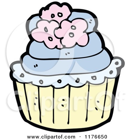 Cartoon of a Blue Cupcake Decorated with Flowers - Royalty Free Vector Illustration by lineartestpilot