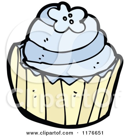 Cartoon of a Blue Cupcake Decorated with Flowers - Royalty Free Vector Illustration by lineartestpilot