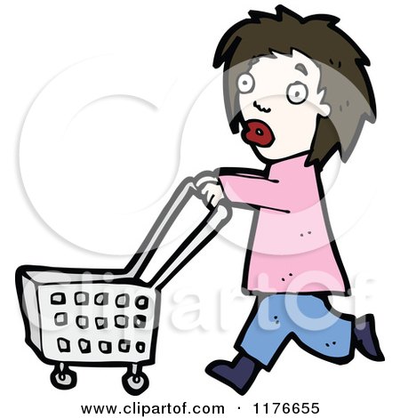 Cartoon of a Young Girl Pushing a Shopping Cart - Royalty Free Vector Illustration by lineartestpilot