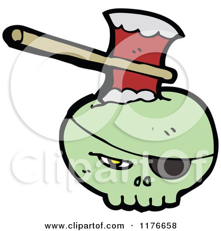 Cartoon of a Green Skull with an Eye Patch and an Ax - Royalty Free Vector Illustration by lineartestpilot