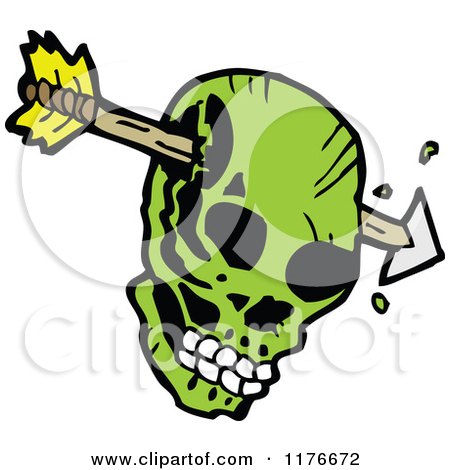 Cartoon of a Green Skull Pierced by an Arrow - Royalty Free Vector Illustration by lineartestpilot